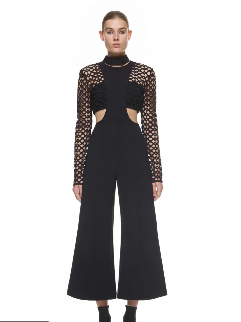 Self-Portrait Black Cutout Wide-Leg Jumpsuit with Mesh Sleeves